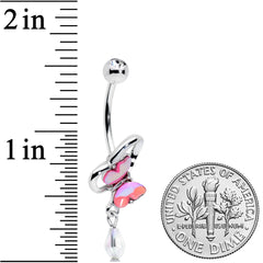 Clear Gem Heart Pink Butterfly Dangle Belly Ring