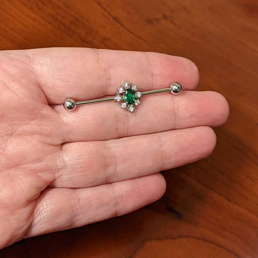 14G Clear Green Gem Ornate Art Deco Industrial Barbell 38mm