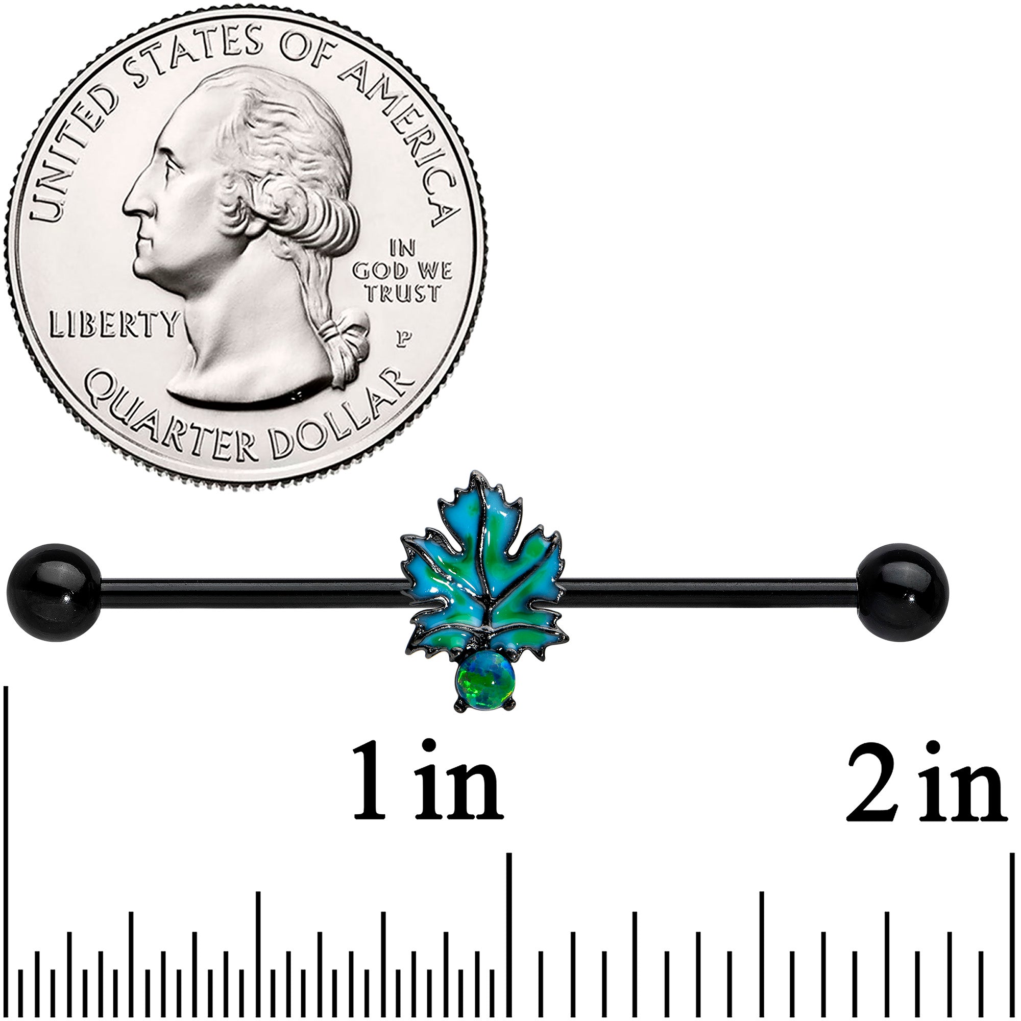 14G Green Synthetic Opal Black Fall Leaf Industrial Barbell 38mm