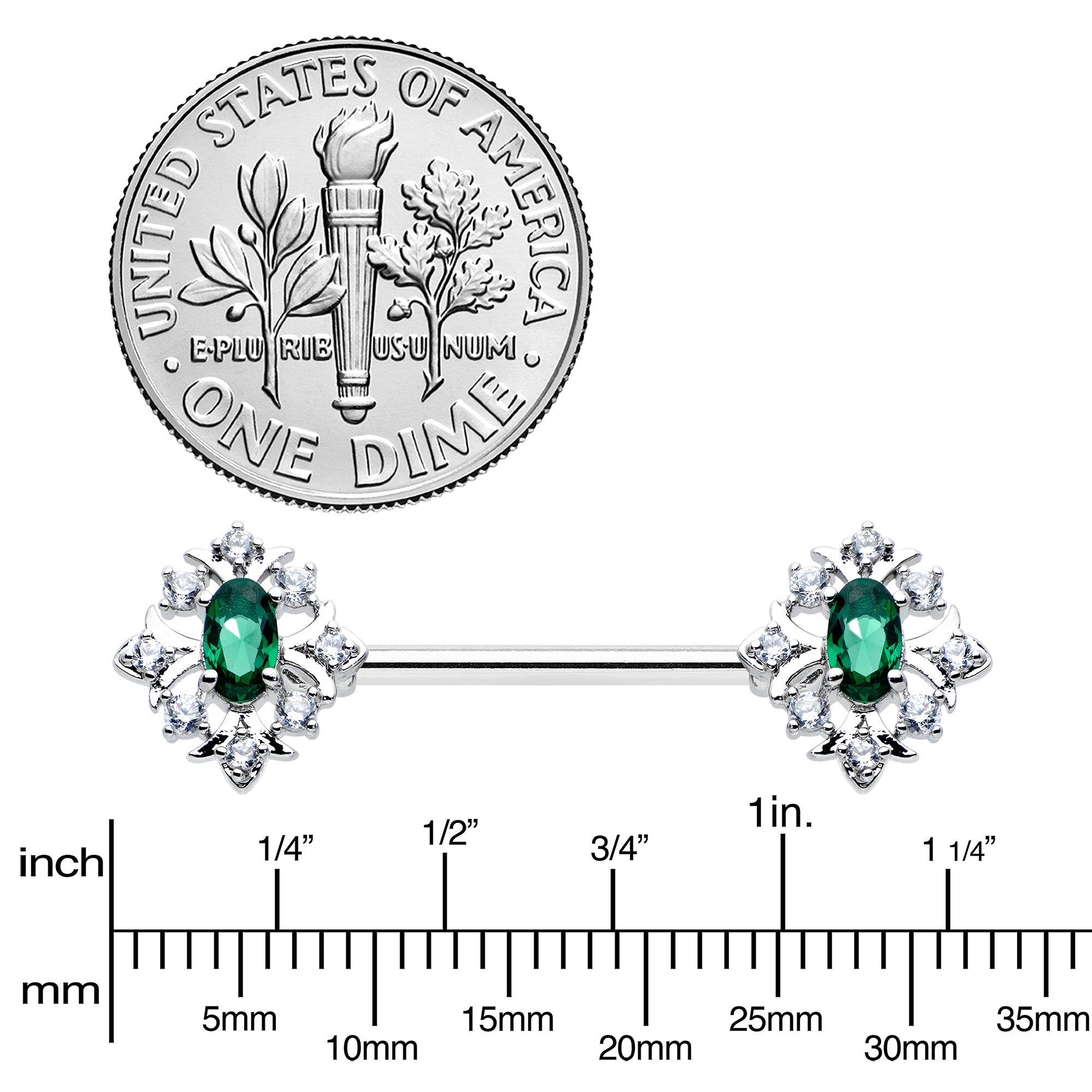 14G 9/16 Clear Green Gem Ornate Art Deco Barbell Nipple Ring Set
