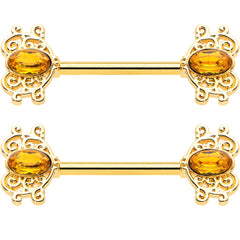 14G 9/16 Yellow Gem Gold Hue Duet Scroll Barbell Nipple Ring Set