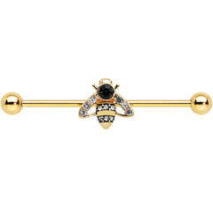 14G Clear Black Gem Gold Tone Angular Bee Industrial Barbell 38mm