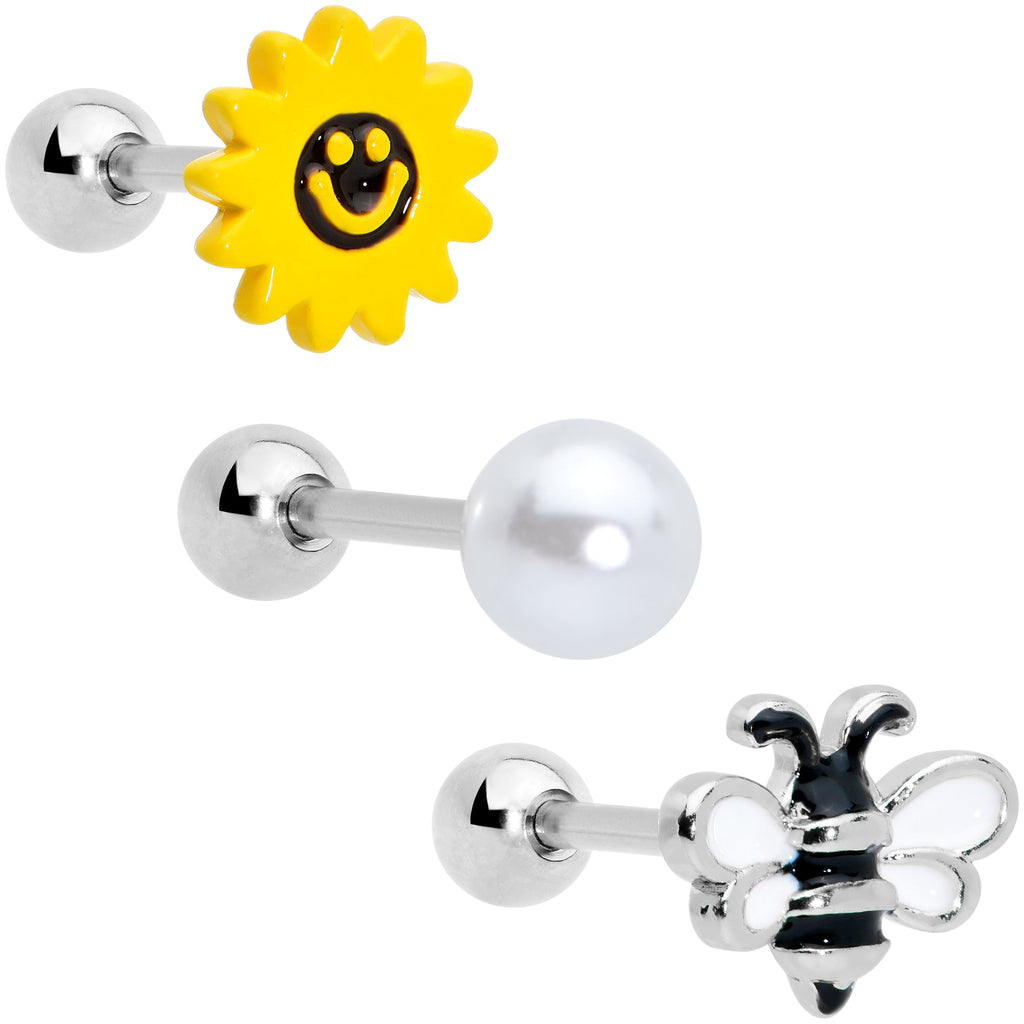16G 1/4 Bee Smile Flower Pearlescent Cartilage Tragus Set of 3