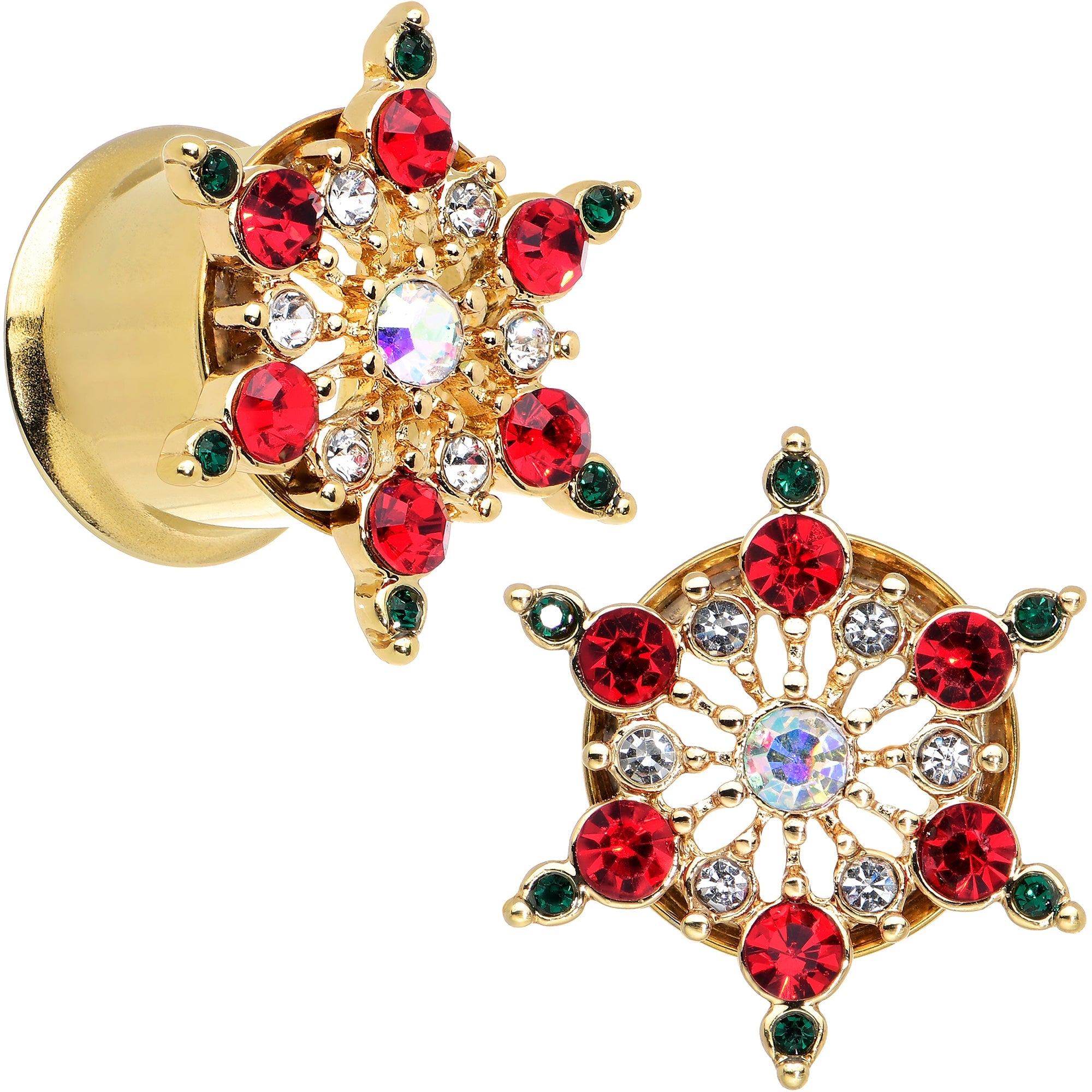 Red Green Gem Gold Tone Bright Christmas Double Flare Plug Set