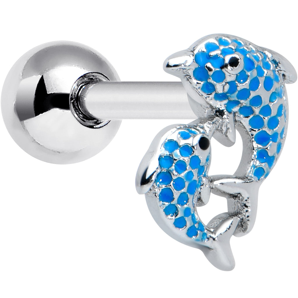 16G 1/4 Black Gem Blue Leaping Dolphins Cartilage Tragus Earring