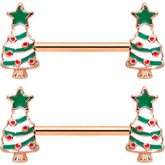 14G 9/16 Red Gem Rose Gold Tone Christmas Tree Nipple Ring Set