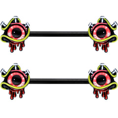 14G 9/16 Black Spiky Eyeball Halloween Barbell Nipple Ring Set