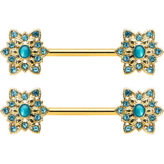 14G 9/16 Aqua Gem Gold Tone Snowflake Christmas Nipple Ring Set