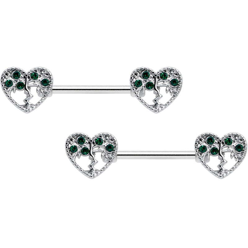 14G 9/16 Green Gem Heart Tree Valentine Nipple Ring Set