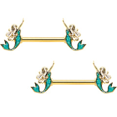 14G 9/16 Green Faux Opal Gold Tone Curvy Mermaid Nipple Ring Set