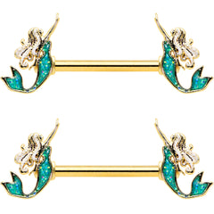 14G 9/16 Green Faux Opal Gold Tone Curvy Mermaid Nipple Ring Set