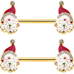 14G 1/2 Clear Gem Gold Tone Decorated Santa Barbell Nipple Ring Set