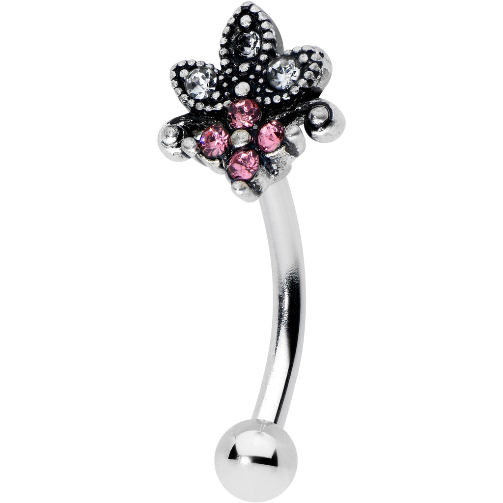 16G 5/16 Clear Pink Gem Abstract Leaf Flower Curved Eyebrow Ring