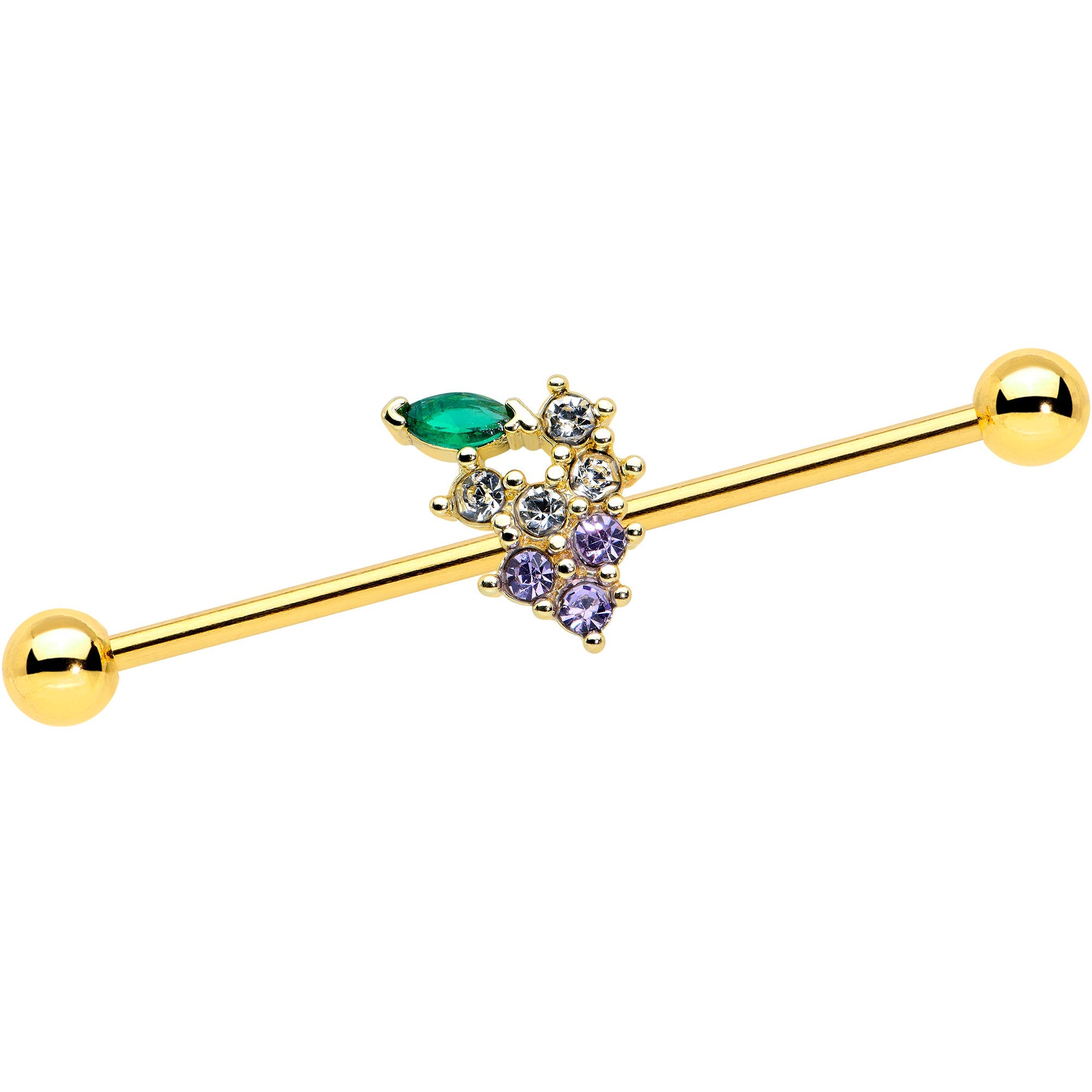 14G Clear CZ Gem Gold Tone Bunch Grapes Industrial Barbell 38mm
