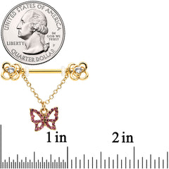 14G 5/8 Pink Gem Gold Hue Simple Butterfly Dangle Nipple Ring Set