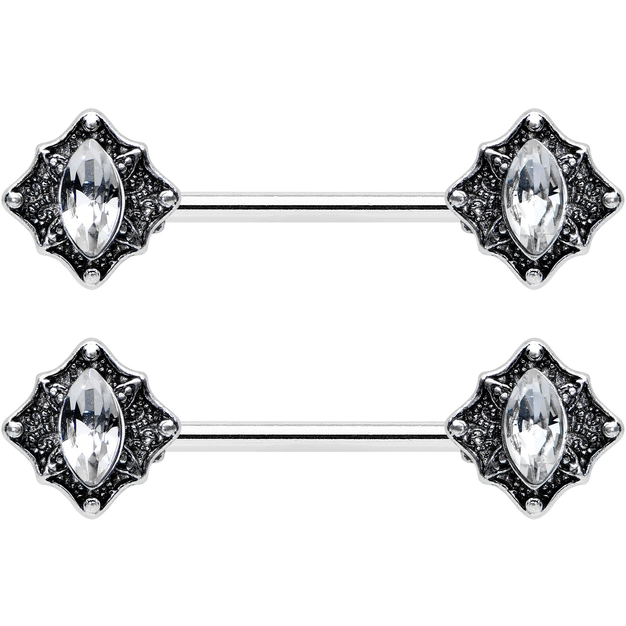 14G 9/16 Clear Gem Rhombus Retro Barbell Nipple Ring Set