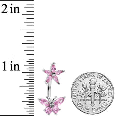 Pink CZ Gem Flower Butterfly Double Mount Belly Ring