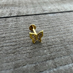16G 5/16 Clear Gem Gold Tone Butterfly Internally Threaded Labret