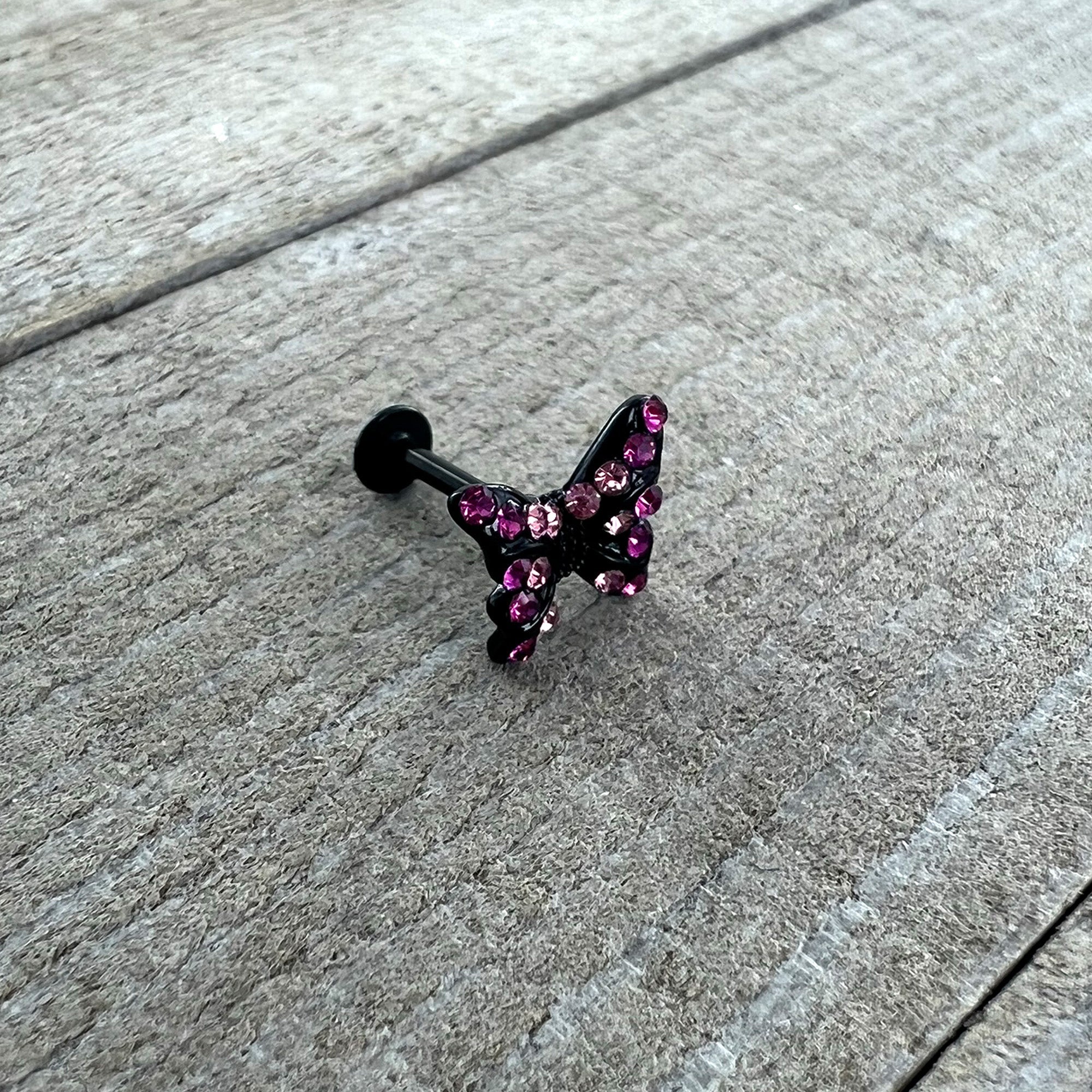 16G 5/16 Pink Gem Black Midnight Butterfly Labret Monroe Tragus