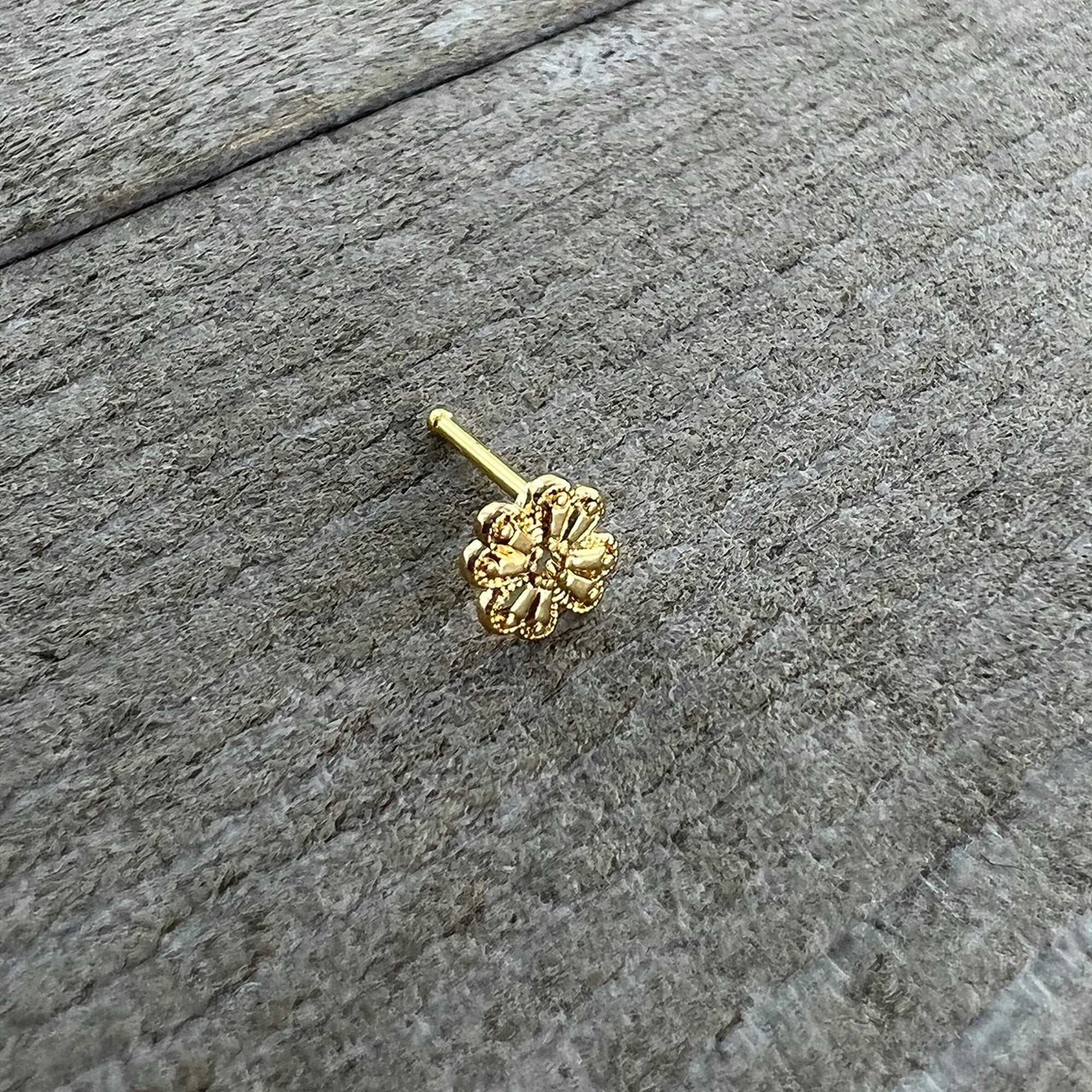 20G 1/4 Yellow Gem Gold Tone Textured Cross Nose Bone