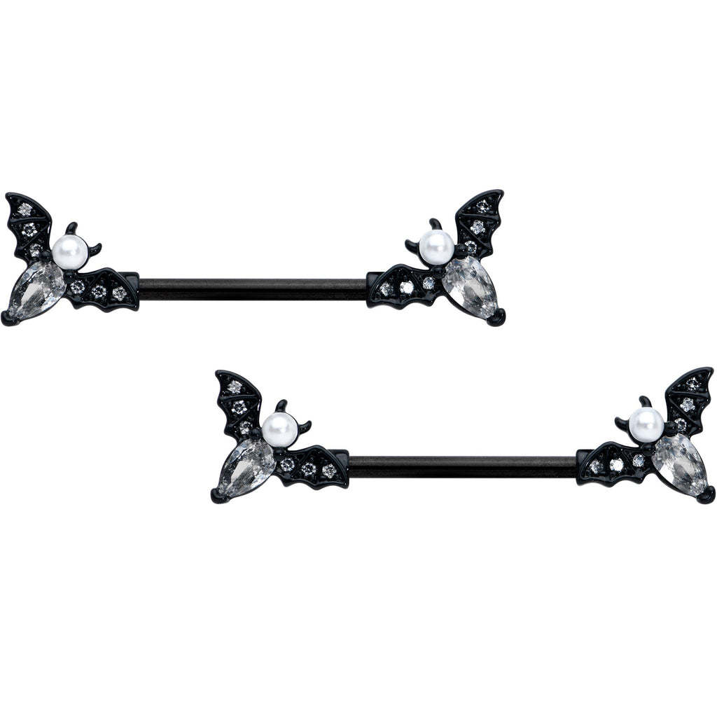 14G 5/8 Clear Gem Black Flying Bats Halloween Nipple Ring Set