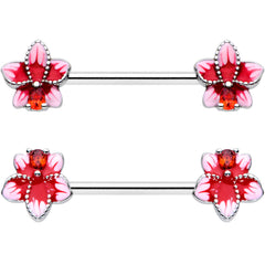 14G 9/16 Red Gem Tropical Flower Barbell Nipple Ring Set