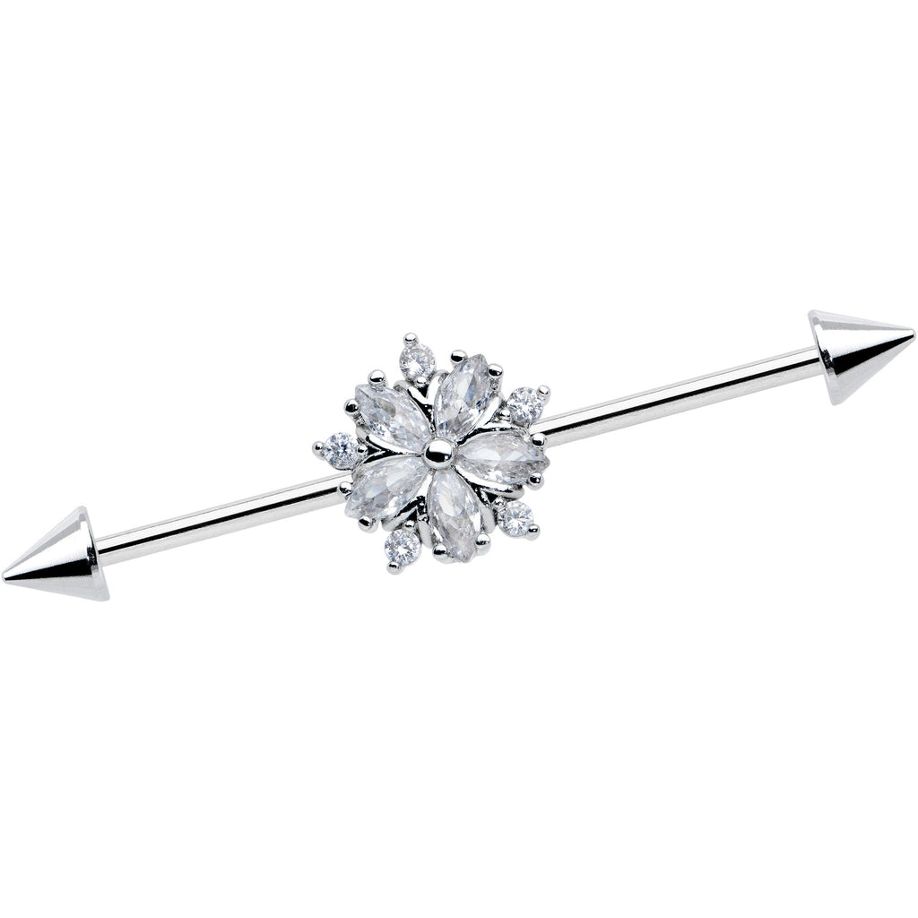 14G Clear CZ Gem Floral Burst Cone Ends Industrial Barbell 38mm