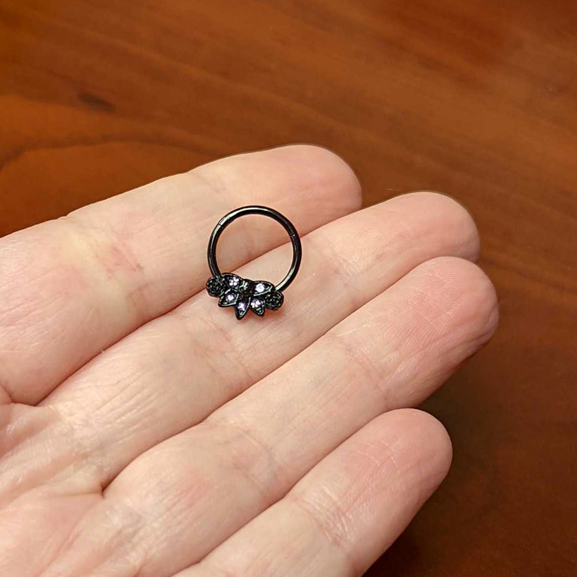 16G 3/8 Purple Gem Black Skull Blossom Hinged Segment Ring