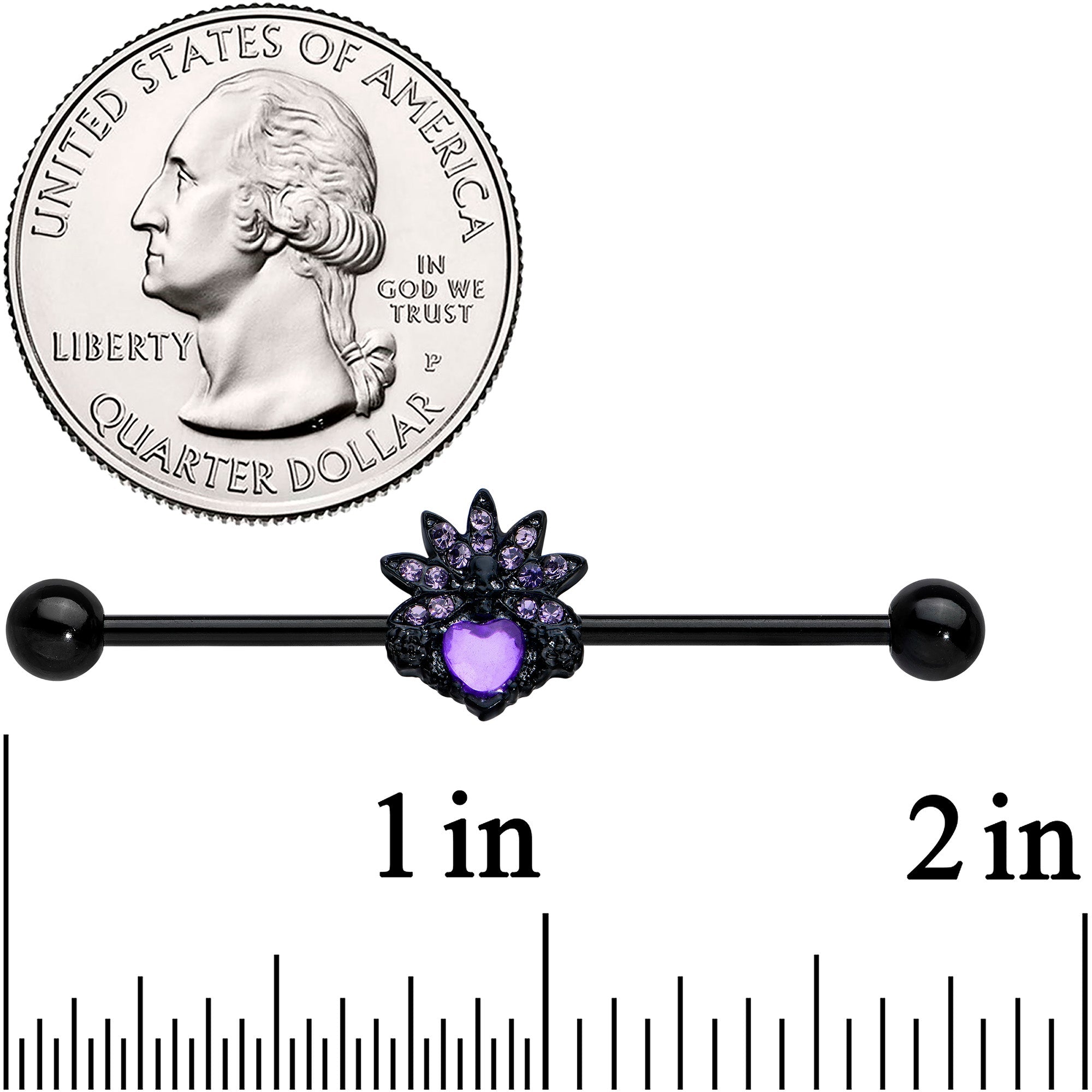 14G Purple Gem Black Skull Blossom Heart Industrial Barbell 38mm