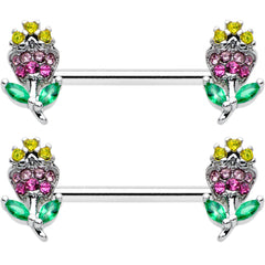 14G 9/16 Green Pink Gem Mardi Gras Flower Barbell Nipple Ring Set