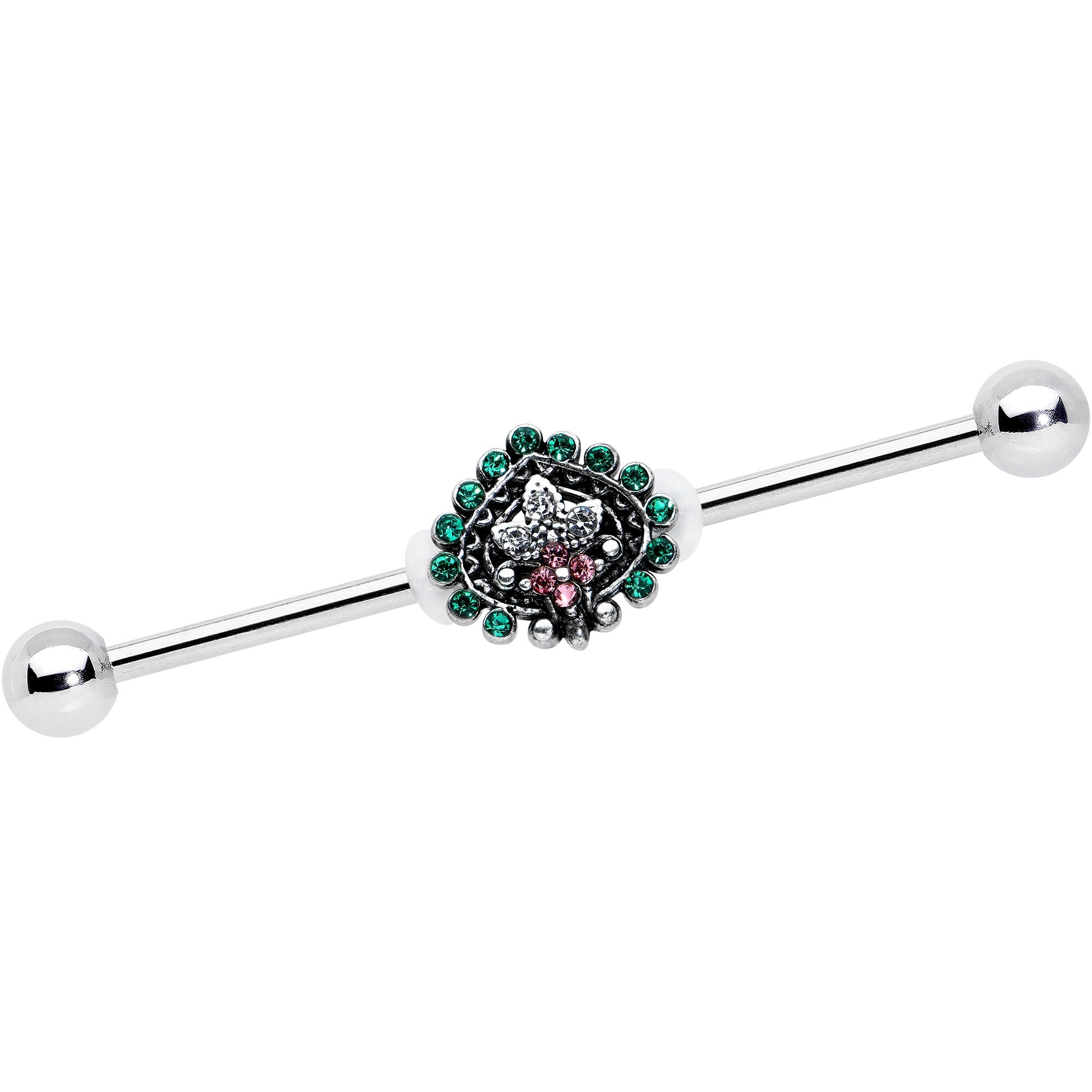 14G Pink Green Gem Stylized Leaf Industrial Barbell 38mm