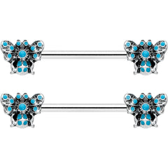 14G 9/16 Textured Blue Butterfly Barbell Nipple Ring Set