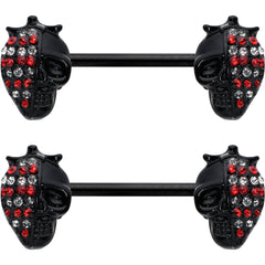 14G 9/16 Red Gem Black Skull Halloween Barbell Nipple Ring Set