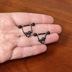 14G 9/16 Clear Gem Black Skull Bow Heart Dangle Nipple Ring Set