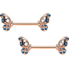 14G 9/16 Clear Blue Gem Rosy Tone Butterfly Wing Nipple Ring Set