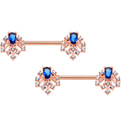 14G 9/16 Blue Gem Rosy Tone Glam Flare Barbell Nipple Ring Set