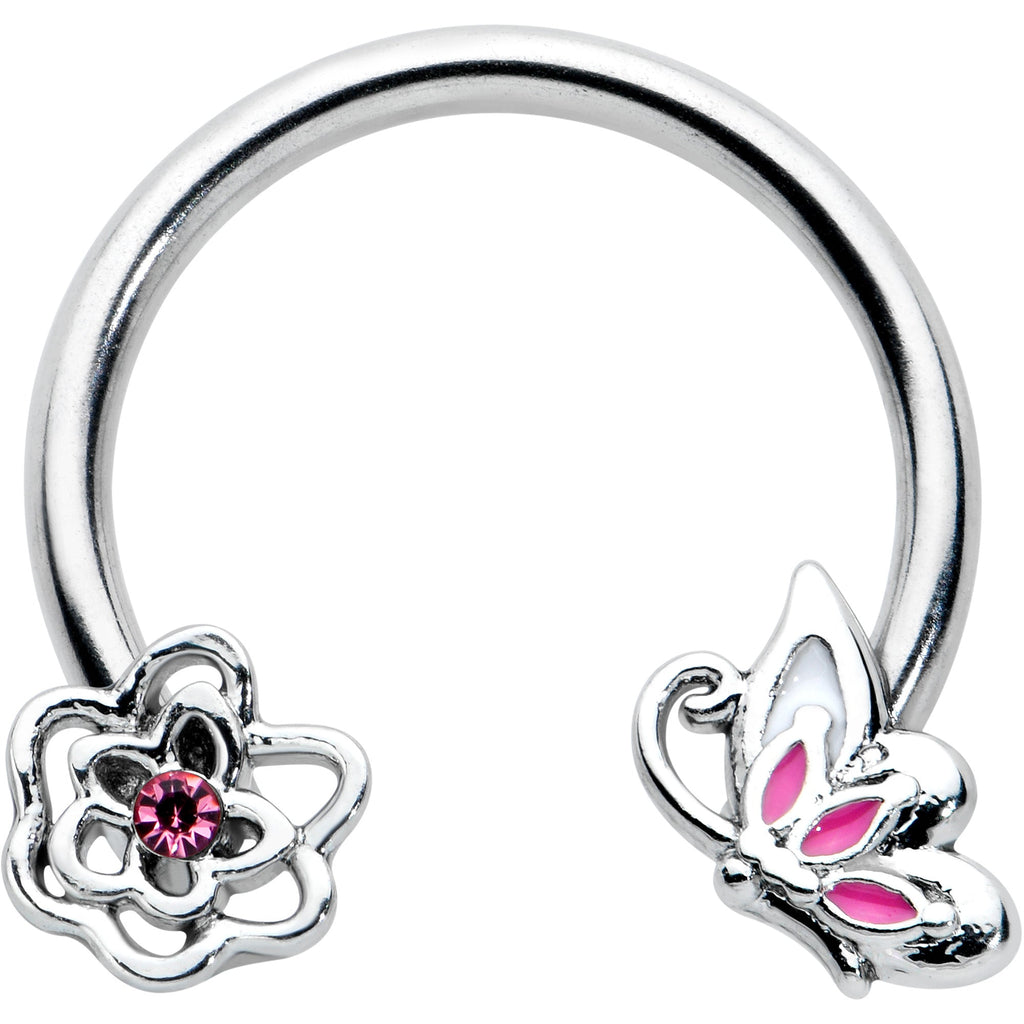 16G 3/8 Pink Butterfly Pink Gem Flower Horseshoe Circular Barbell