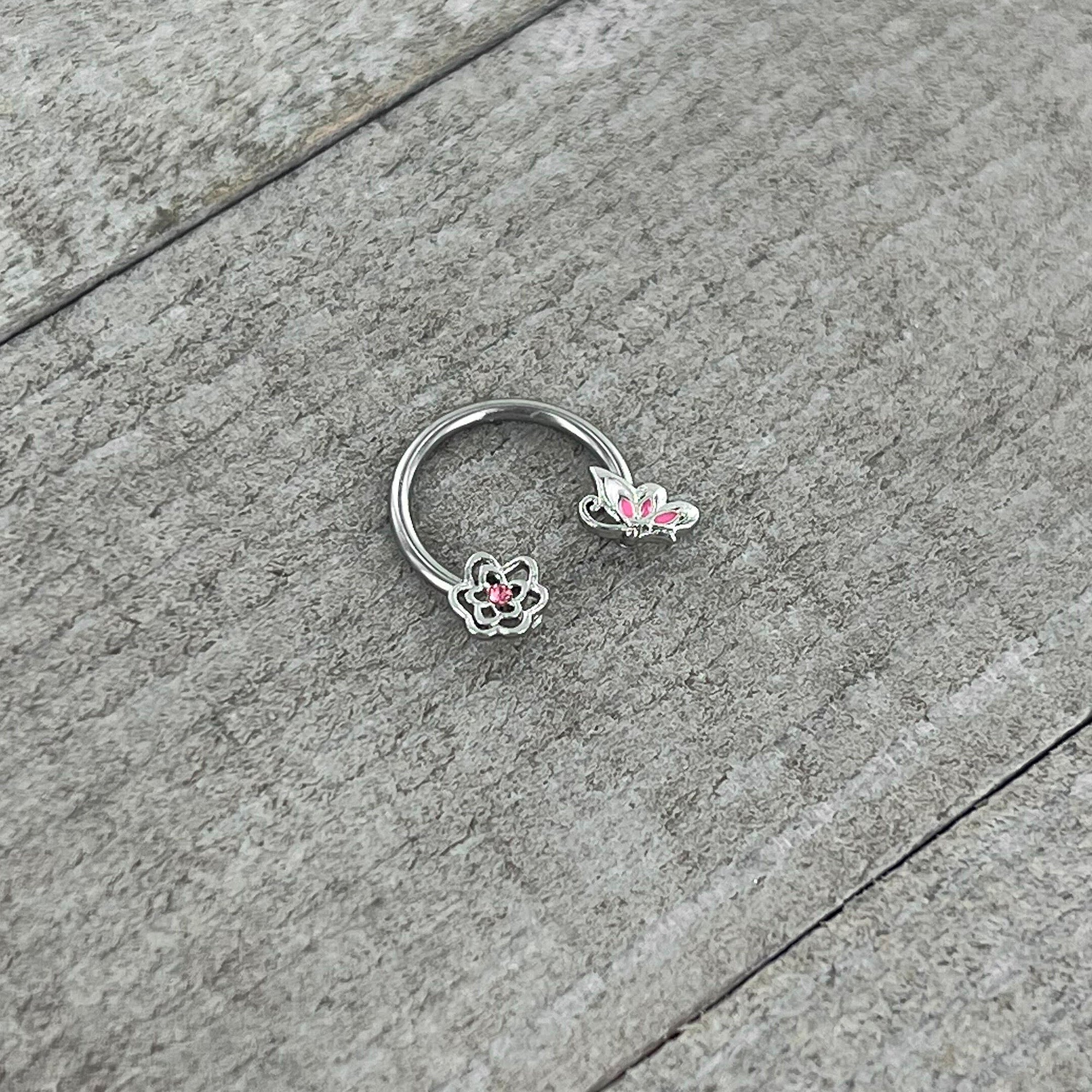 16G 3/8 Pink Butterfly Pink Gem Flower Horseshoe Circular Barbell