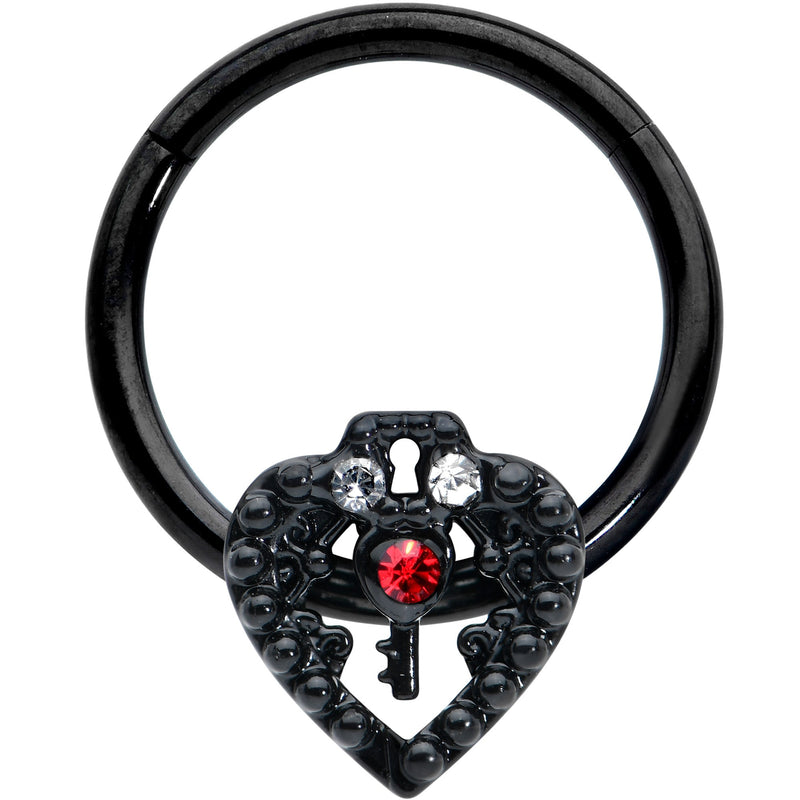 16G 3/8 Red Clear Gem Black Key Heart Hinged Segment Ring