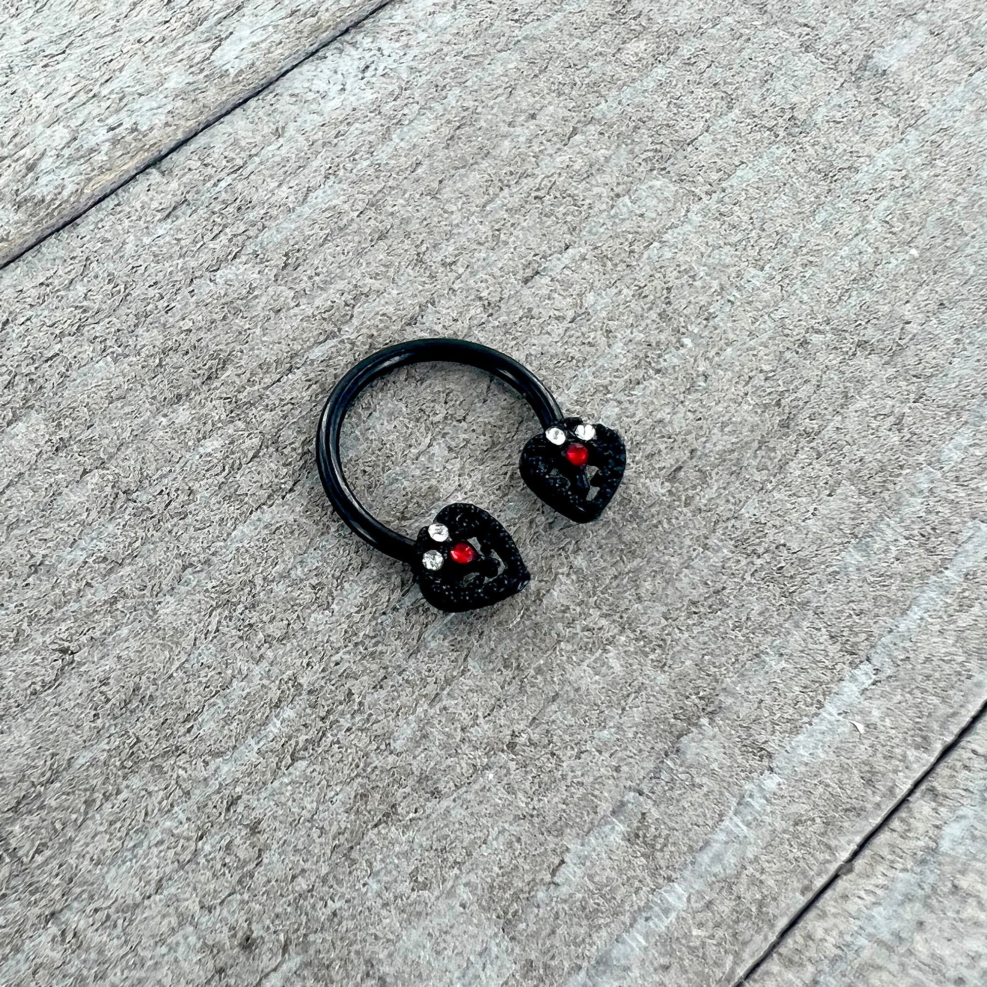 16G 3/8 Clear Red Gem Black Key Heart Horseshoe Circular Barbell