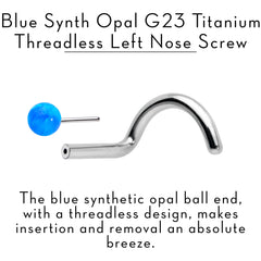 18G 1/4 Blue Synth Opal G23 Titanium Threadless Left Nose Screw