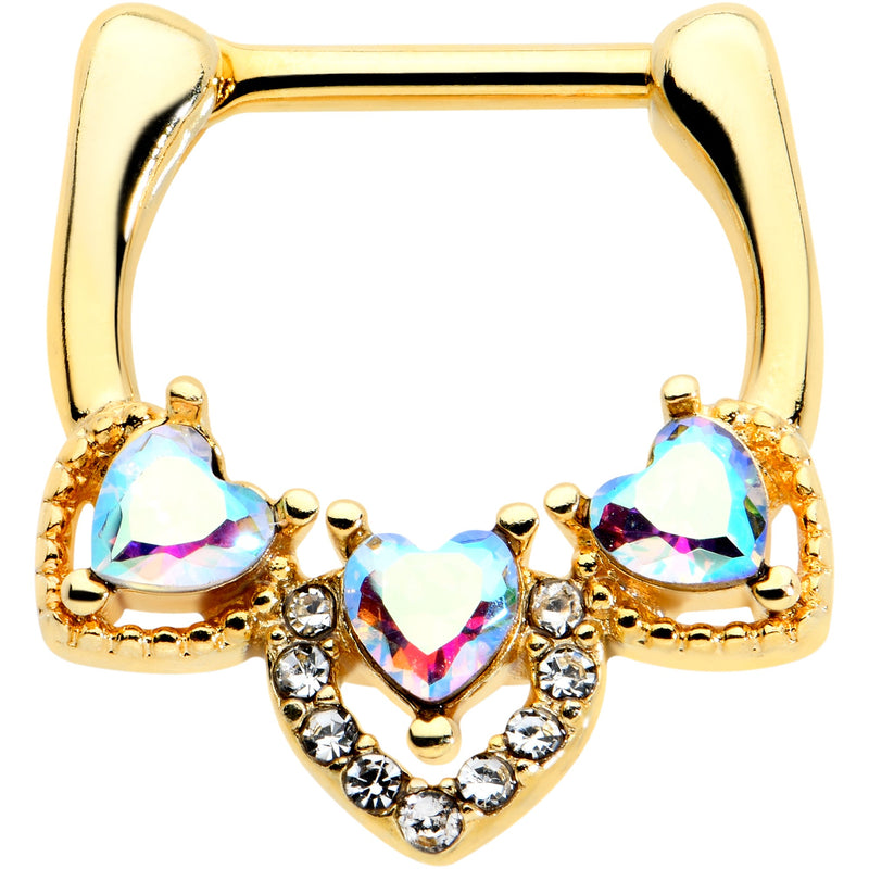 16G 5/16 Clear Aurora Gem Gold Tone Trio Heart Cartilage Clicker