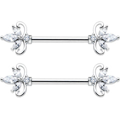 14G 9/16 Clear CZ Gem Double Heart Baroque Barbell Nipple Ring Set