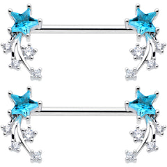 14G 9/16 Blue Clear CZ Gem Shooting Star Barbell Nipple Ring Set