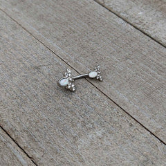 White Faux Opal Clear Gem Double Butterfly Double Mount Belly Ring