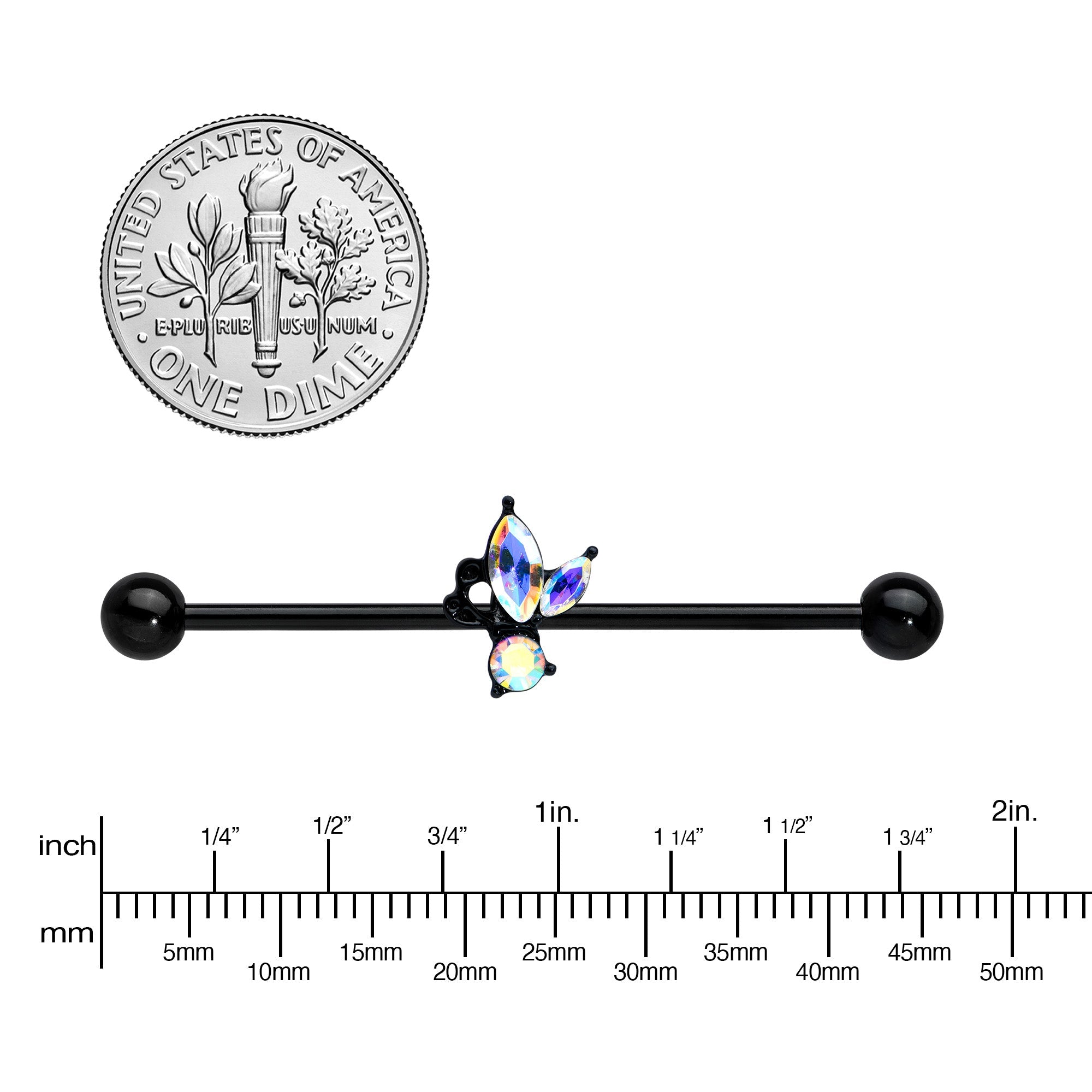 14G Aurora CZ Gem Black Fleur de Lis Butterfly Industrial Barbell 38mm