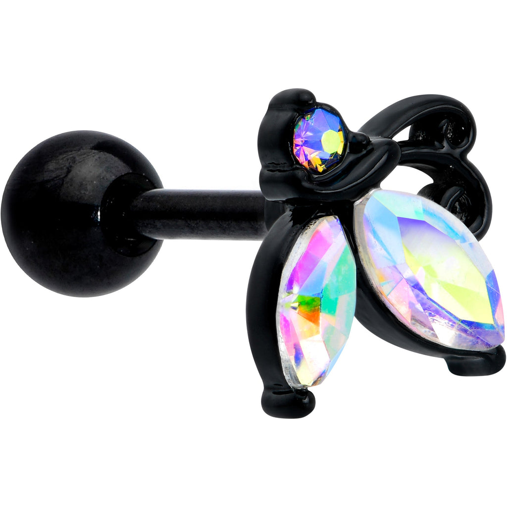 16G 1/4 Aurora CZ Gem Black Fleur de Lis Butterfly Cartilage Tragus Earring