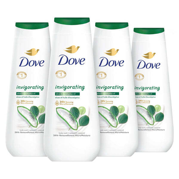 Dove Body Wash Invigorating With Aloe & Eucalyptus 4 Count For Dry Skin and Invigorates Skin 20 oz