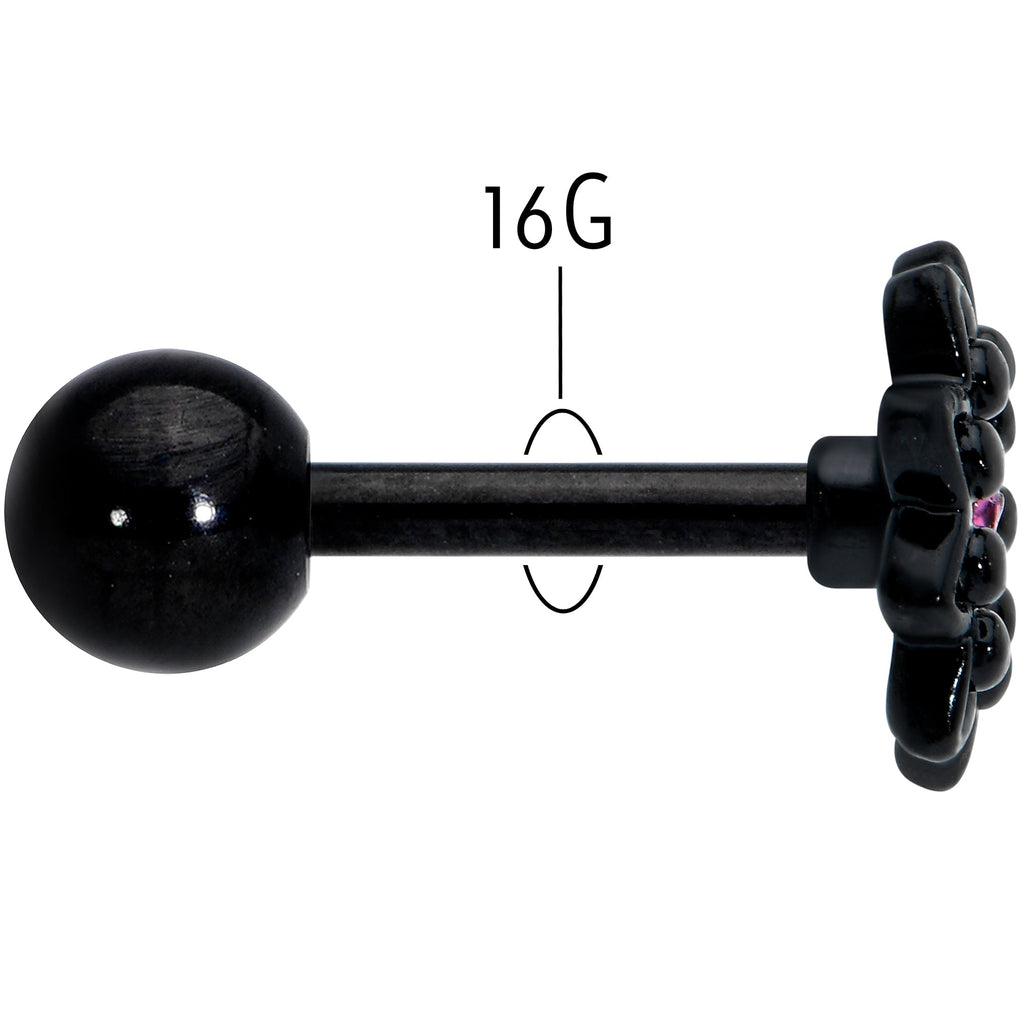 16G 1/4 Pink Gem Black Midnight Flower Cartilage Tragus Earring
