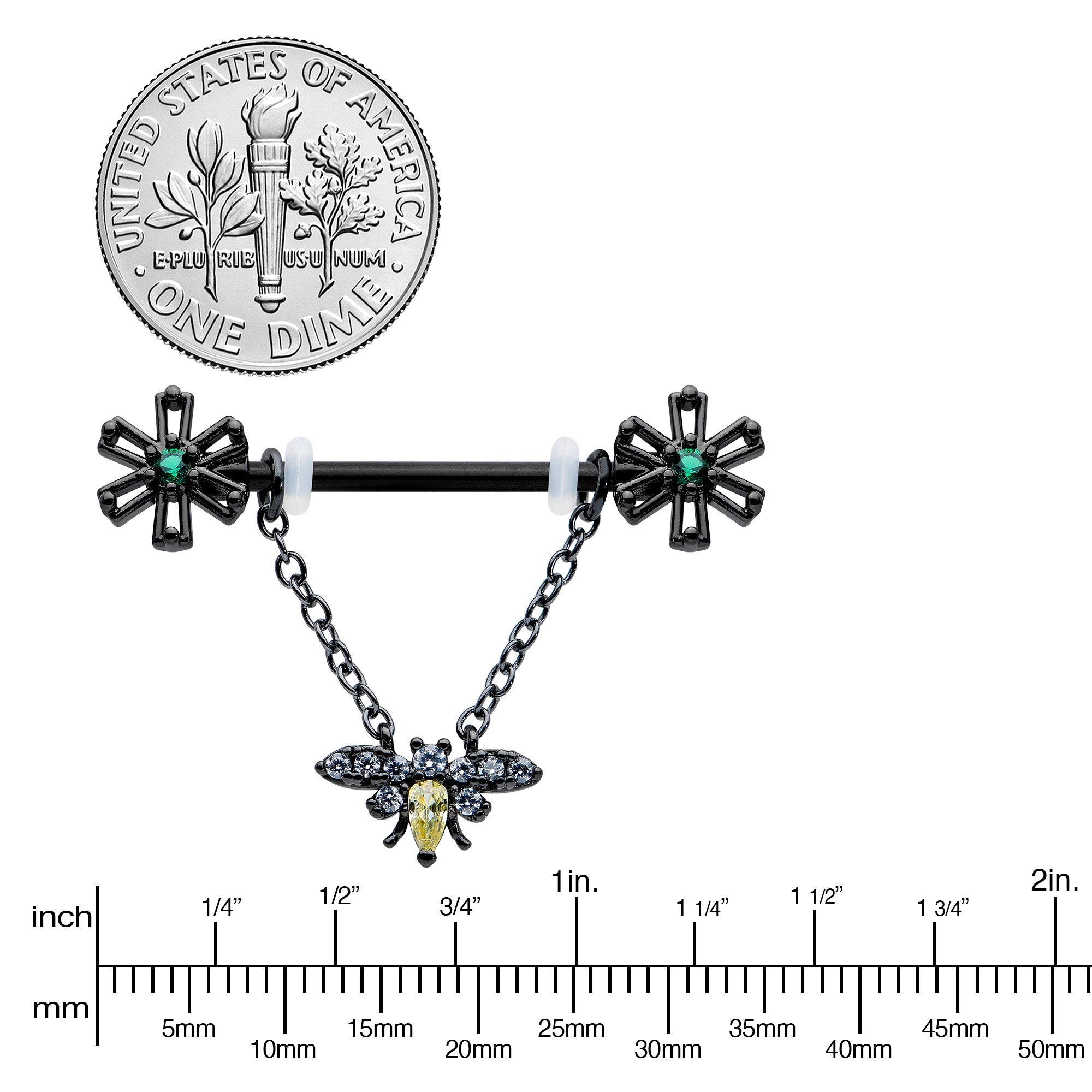 14G 9/16 Yellow Gem Black Butterfly Chain Dangle Nipple Ring Set